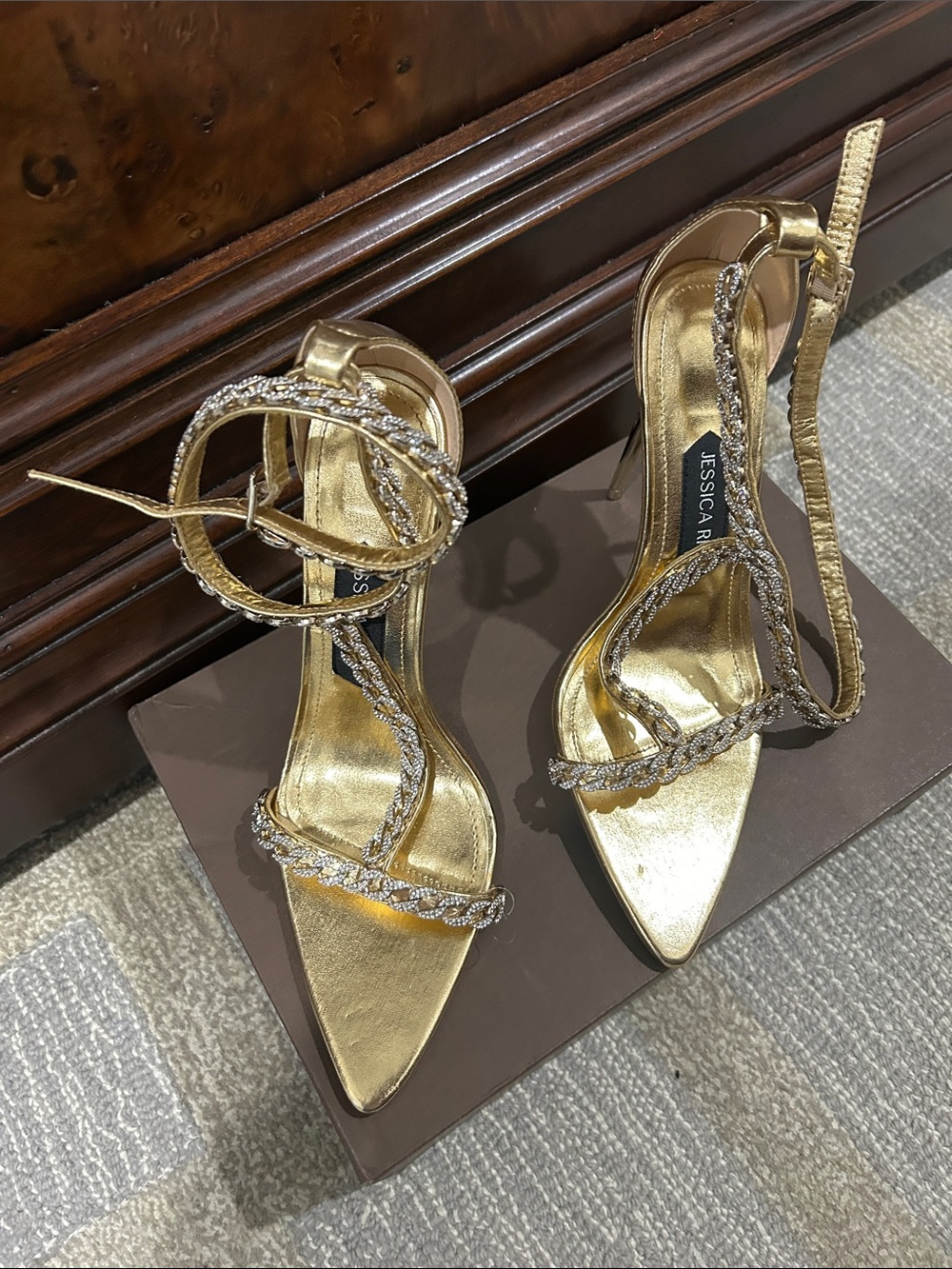 Jessica Gold Rhinestone-Strap Stiletto Sandals